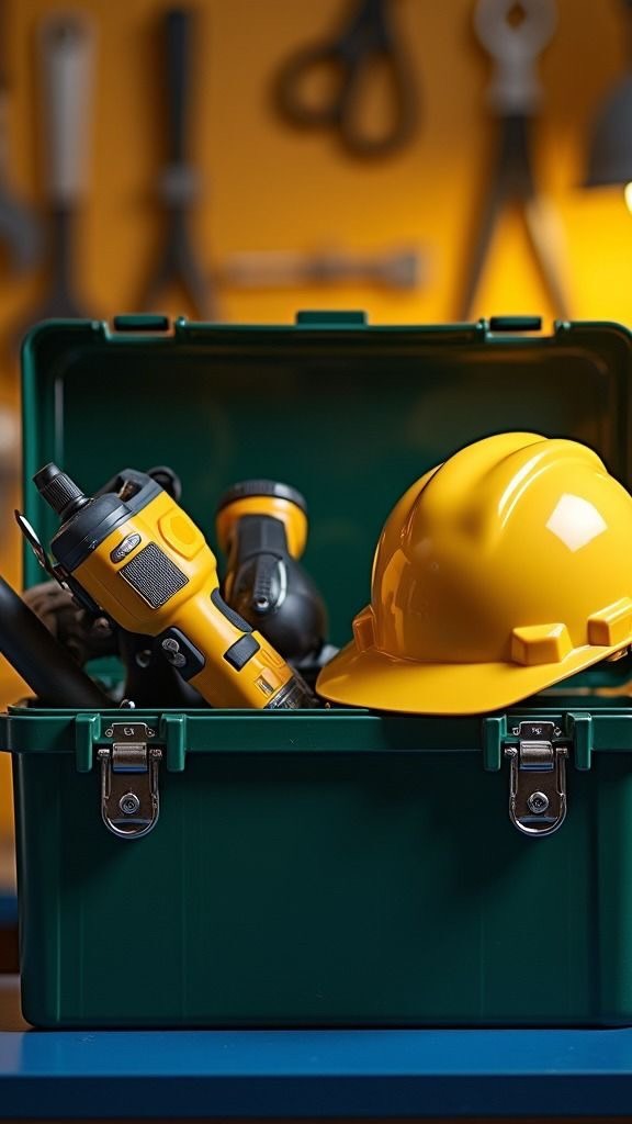 Ferramentas e capacete de obra